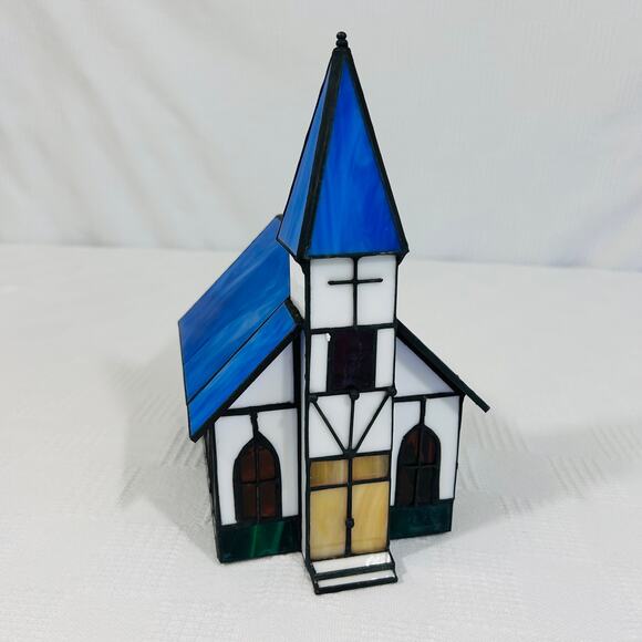 Crystal Village Stained Glass Church Illuminated VTG Handcrafted American Glas\ - Picture 2 of 12
